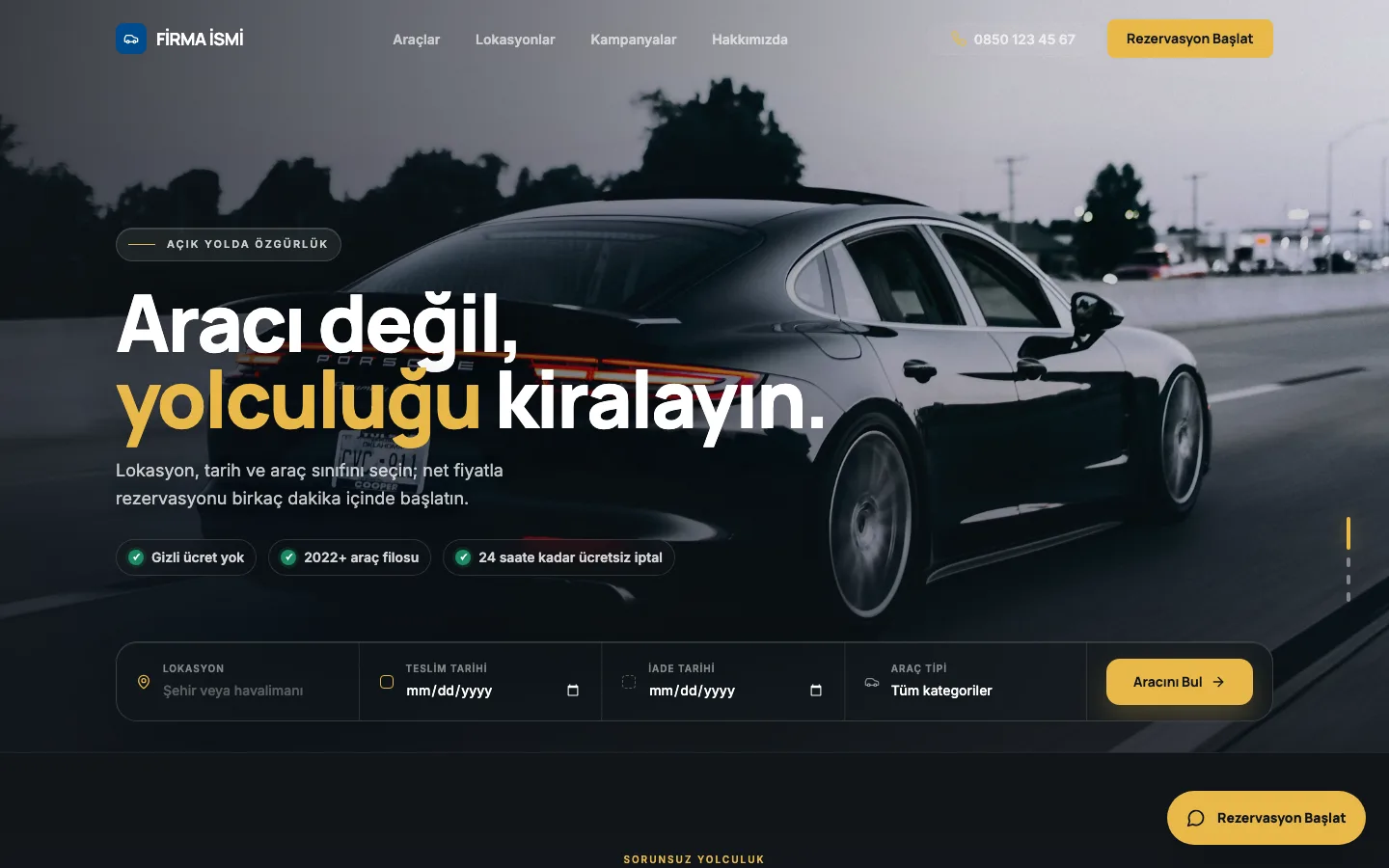 Araç Kiralama web sitesi örneği ekran görüntüsü