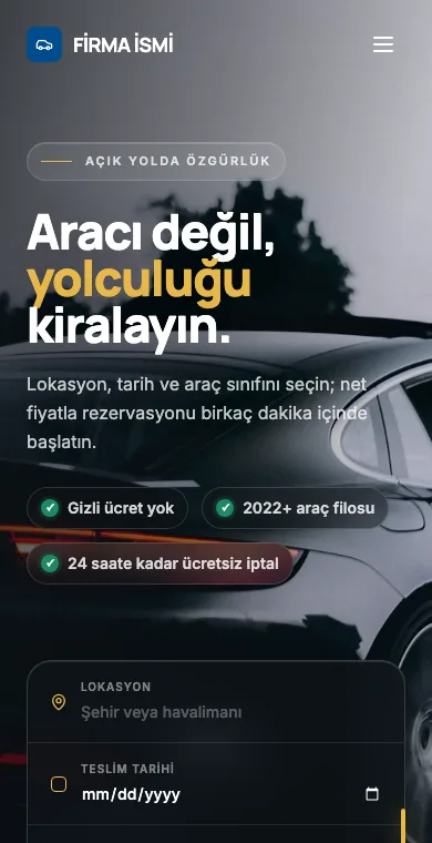 Araç Kiralama mobil web sitesi örneği ekran görüntüsü