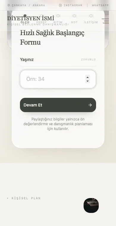 Diyetisyen mobil web sitesi örneği ekran görüntüsü