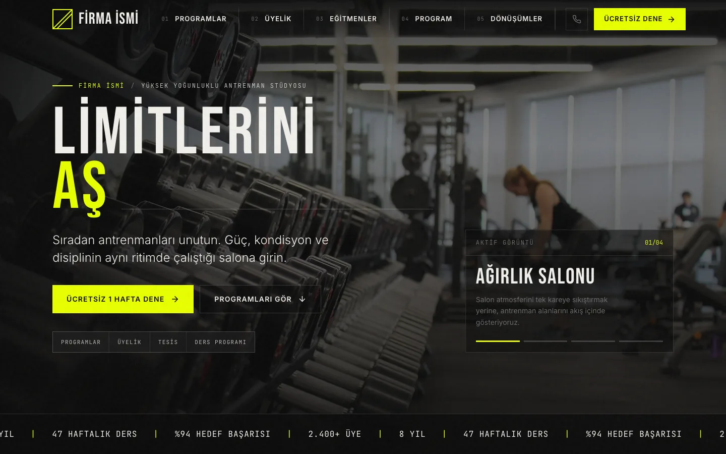 Fitness web sitesi örneği ekran görüntüsü