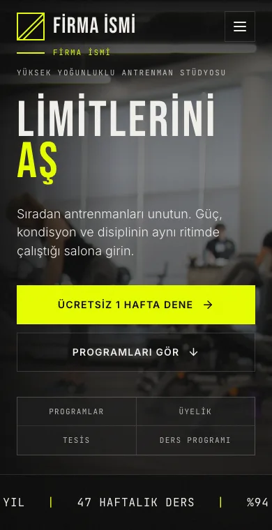 Fitness mobil web sitesi örneği ekran görüntüsü