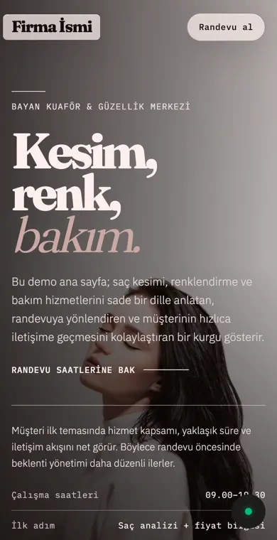 Kuaför mobil web sitesi örneği ekran görüntüsü