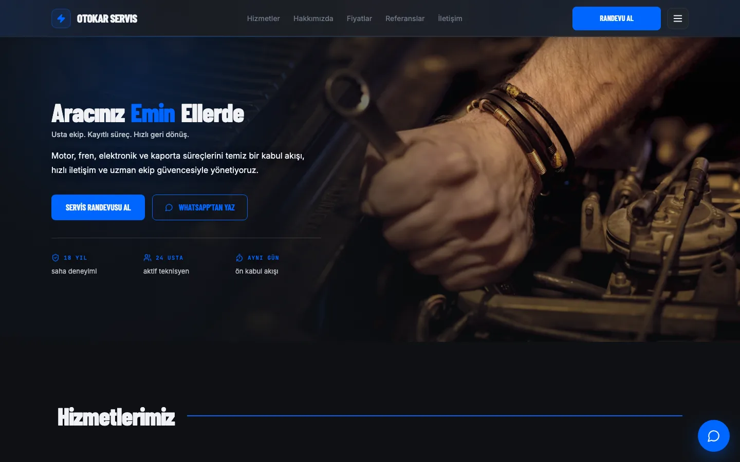 Oto Servis web sitesi örneği ekran görüntüsü
