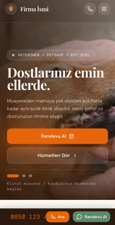 Veteriner mobil web sitesi örneği ekran görüntüsü