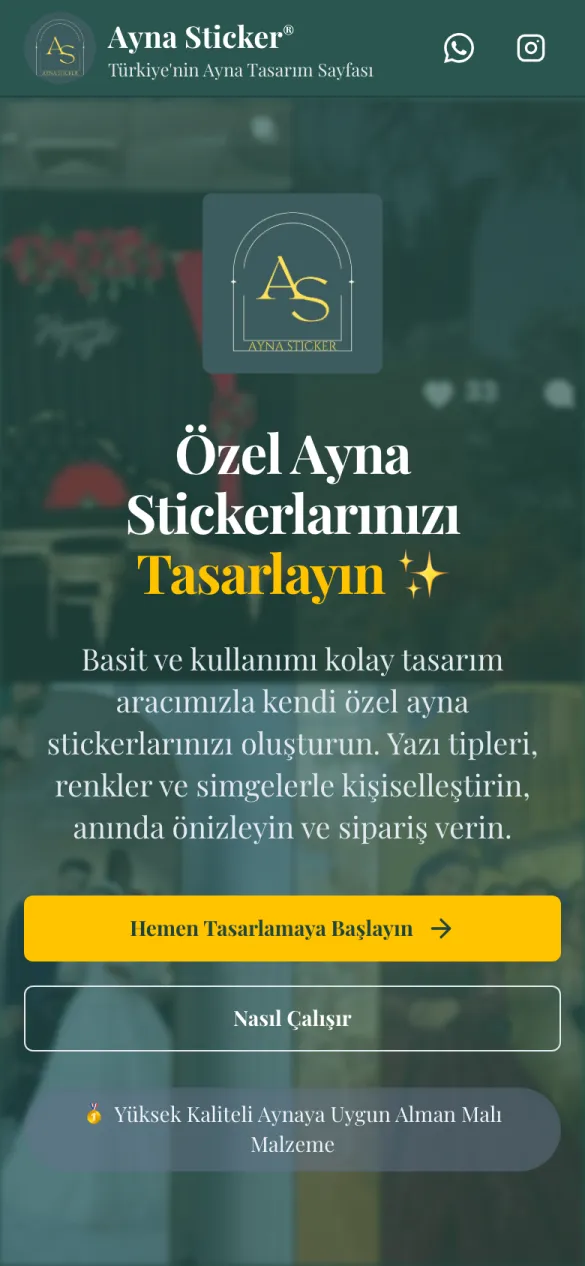 Ayna Sticker ana sayfası mobil görünüm