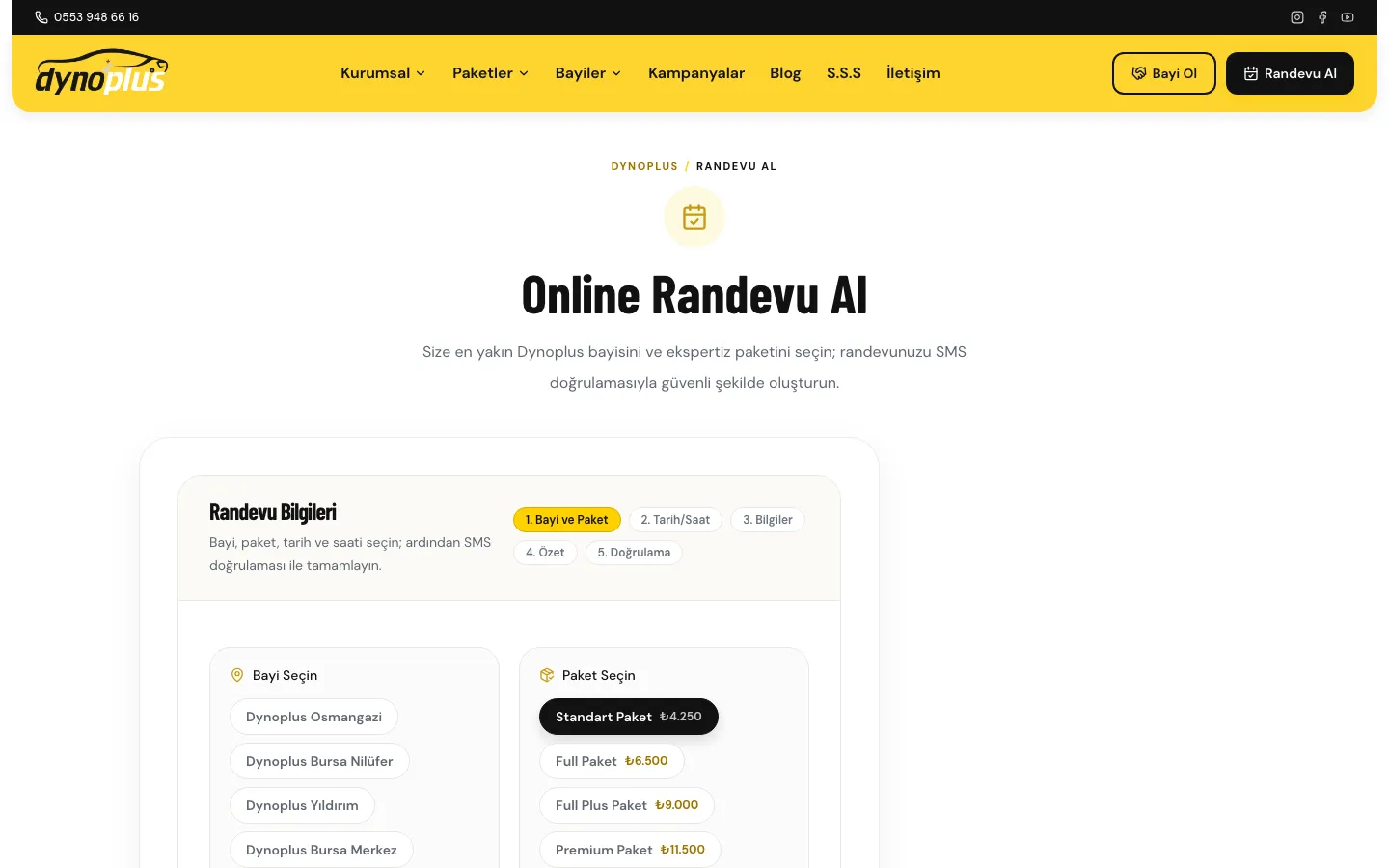 Dynoplus online randevu: bayi ve paket seçimi