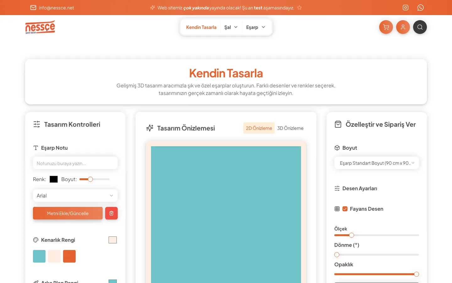 Nessçe Kendin Tasarla aracı: eşarp deseni, renk ve yazı ayarları