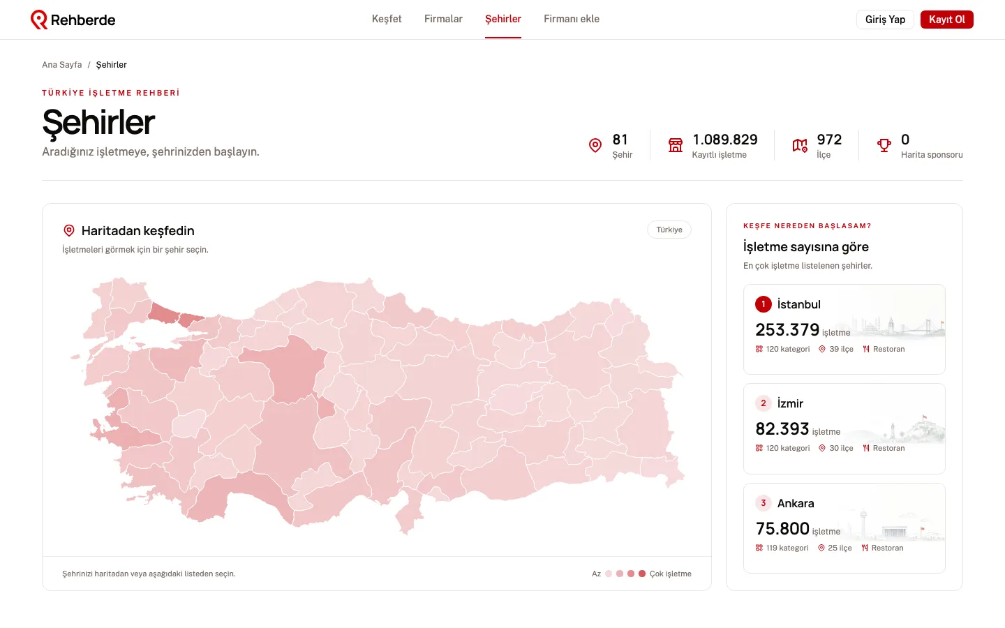 Rehberde şehirler sayfası: 81 il ve işletme sayılarıyla Türkiye haritası
