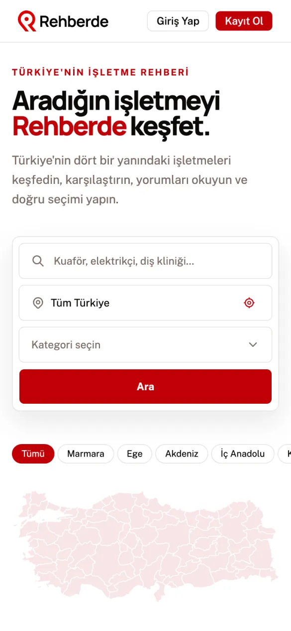 Rehberde ana sayfası mobil görünüm
