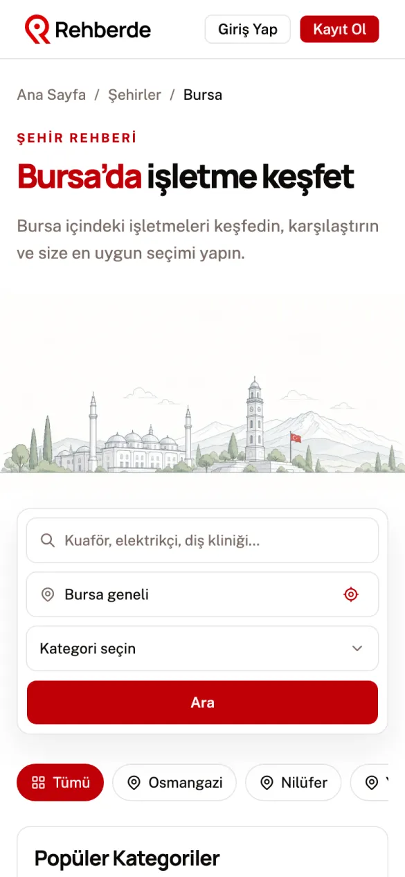 Rehberde Bursa şehir sayfası mobil görünüm