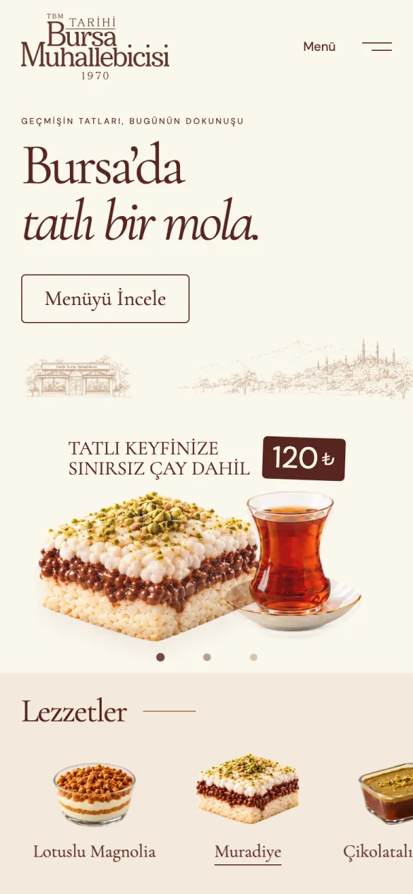 Tarihi Bursa Muhallebicisi ana sayfası mobil görünüm