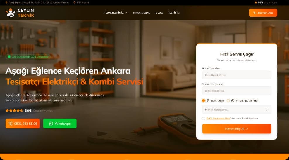 Ceylin Teknik: Keçiören'e Odaklı Tesisat, Elektrik ve Kombi Servisi Web Sitesi